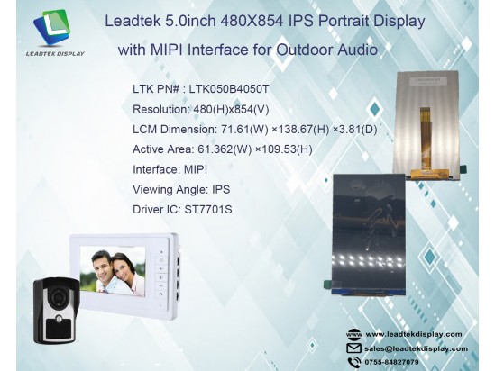 Leadtek 5.0inch 480X854 IPS Portrait Display with MIPI Interface for Outdoor Audio